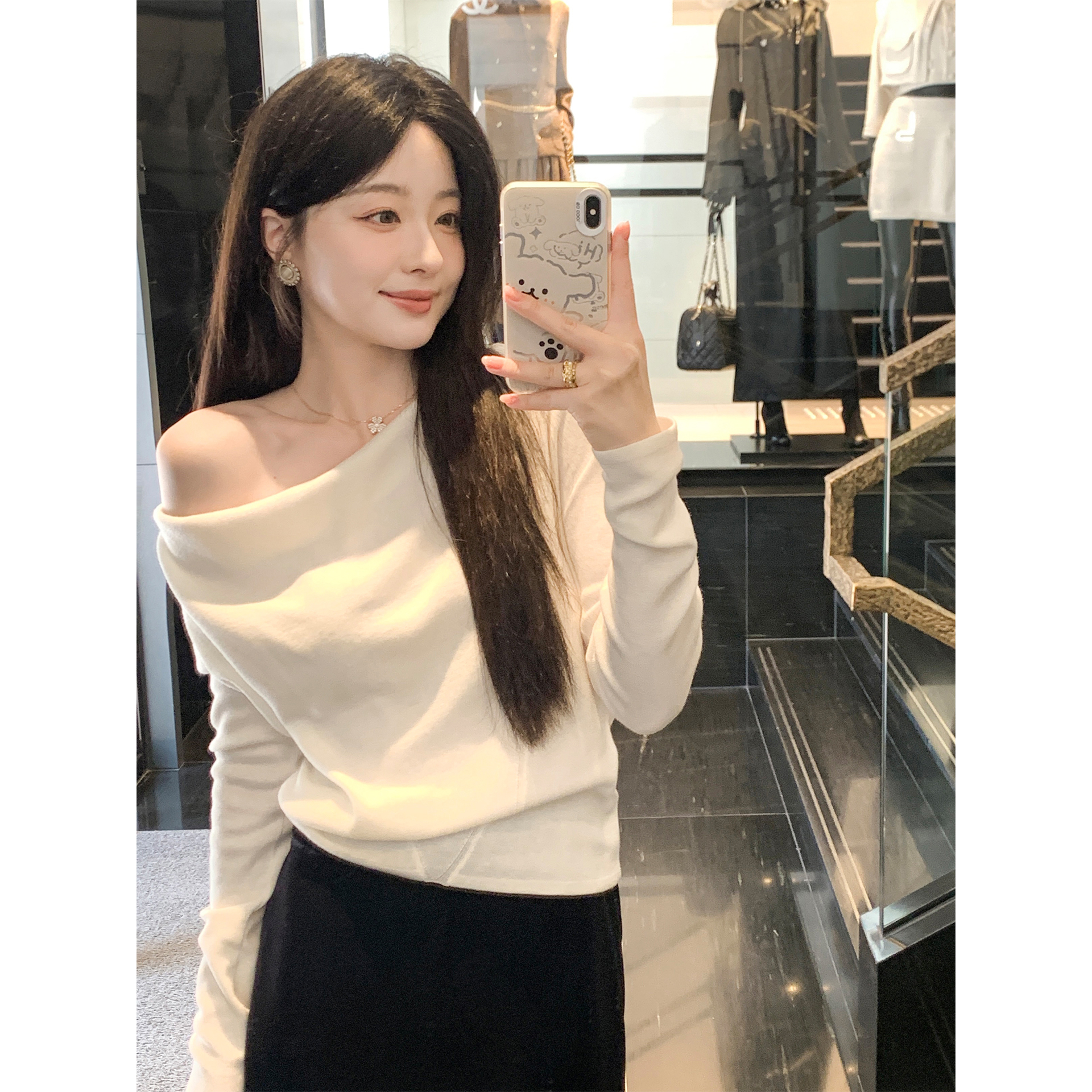 夏诗文 绵羊毛肌理感正肩荡领斜肩针织衫女秋季上衣