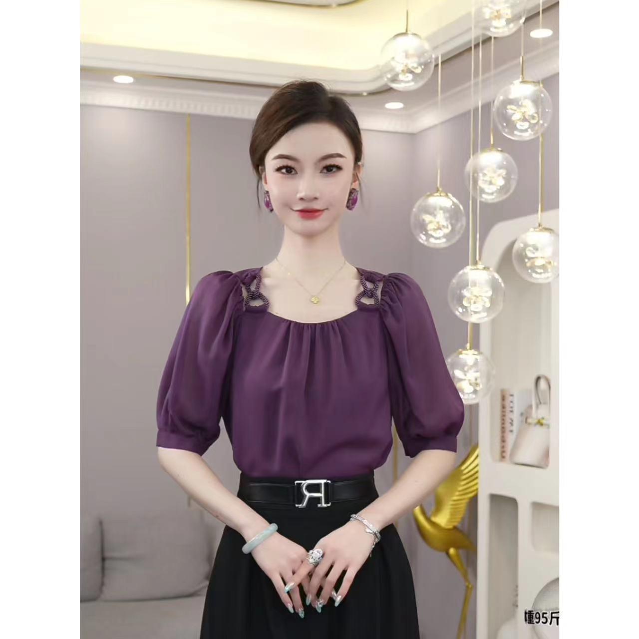 唐熹现货2025夏季新款【ZM24-X378】高级时尚百搭气质紫色衬衫上衣