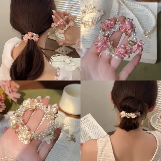法式玫瑰的庄园油画风贝珠少女花朵发圈高弹力编织精品仙女头绳商品图