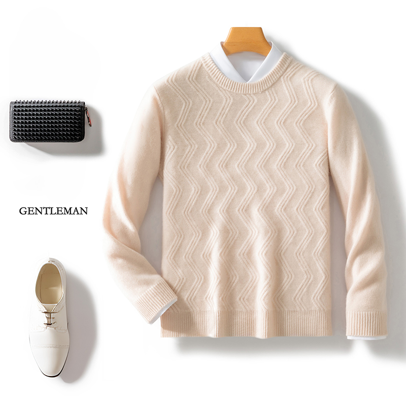秋冬款男士水波纹圆领套头羊毛衫时尚休闲保暖亲肤针织衫