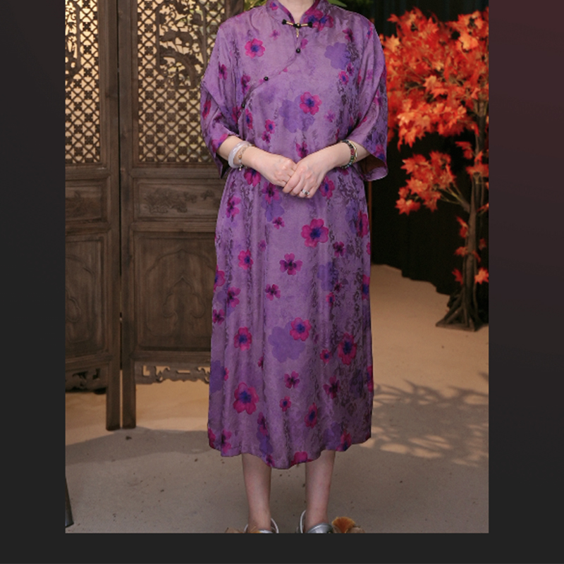 【紫韵芳华】新款透孔花萝老料连衣裙