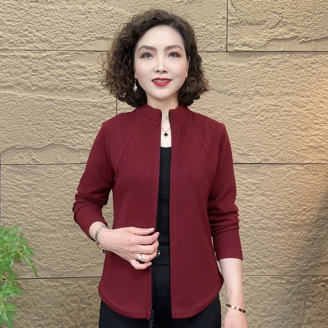 春季新款时尚中老年妈妈装精致纯色洋气拉链小衫气质百搭长袖上衣