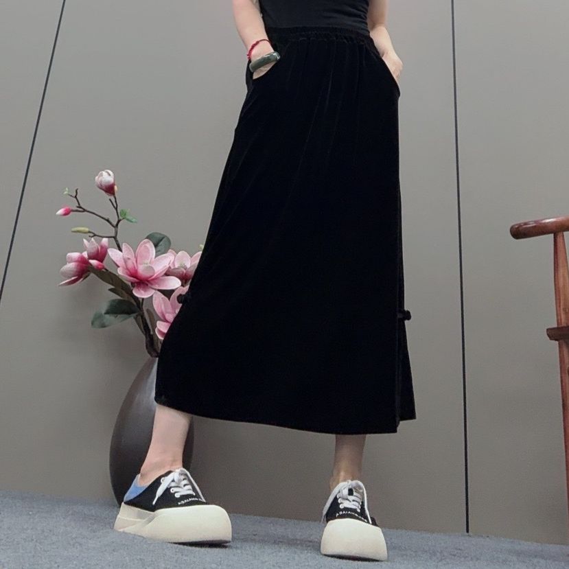 三姐家2025新中式国风丝绒显瘦半身裙