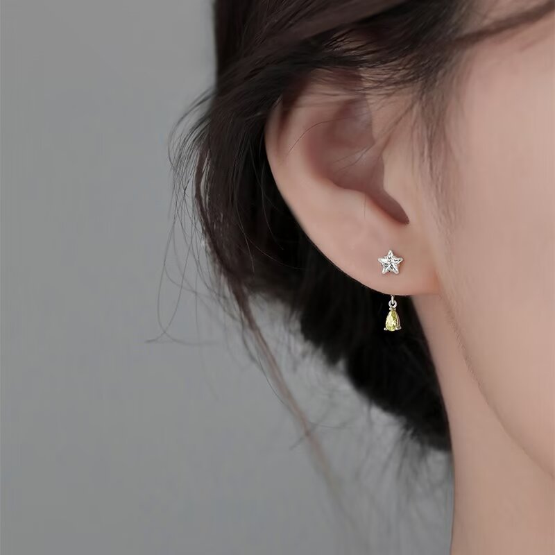 925银耳饰 纯银精致小巧锆石五角星耳钉水滴流苏后挂式耳环耳饰