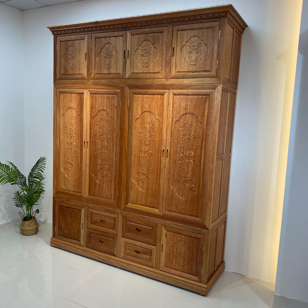 格木四门衣柜中式实木衣橱家用对开门古典储物五门六门雕花收纳柜