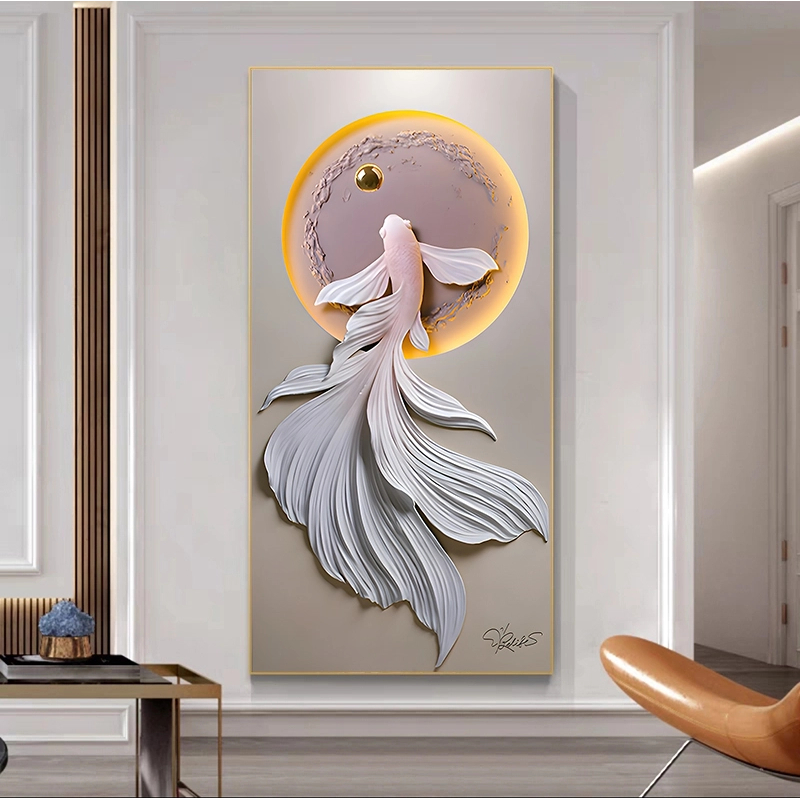 好运锦鲤砂岩画入户玄关装饰画高档走廊过道挂画高级感客厅背景墙