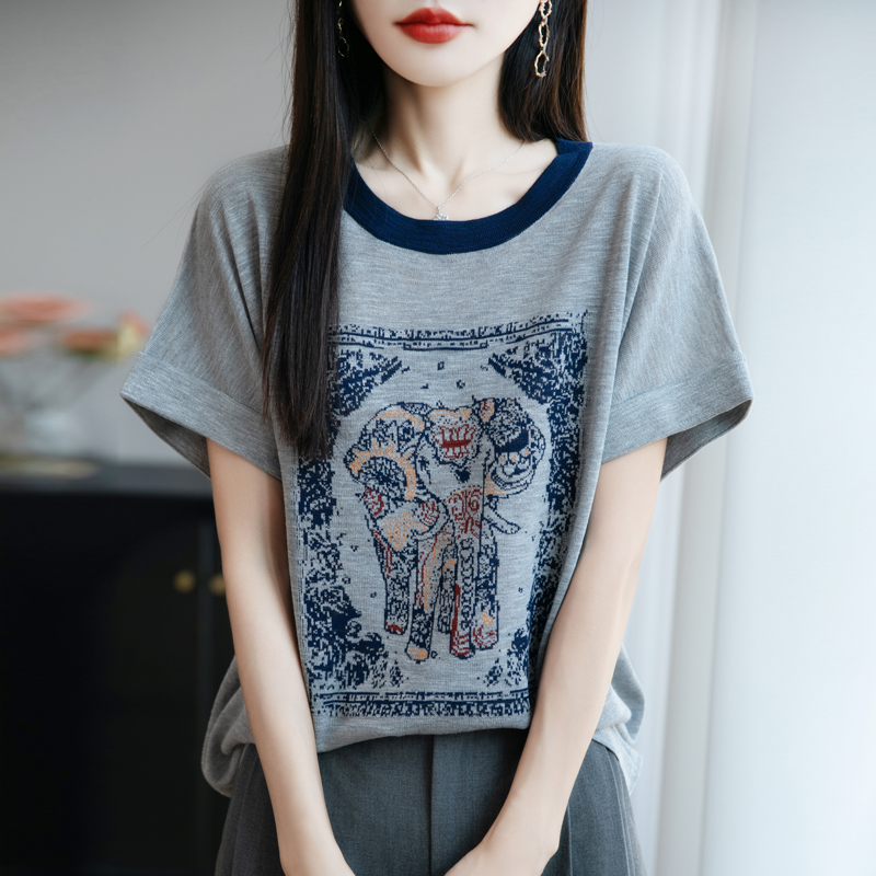 羊范拼色大象图案短袖100%竹节麻2025夏季新款打底衫洋气针织衫女