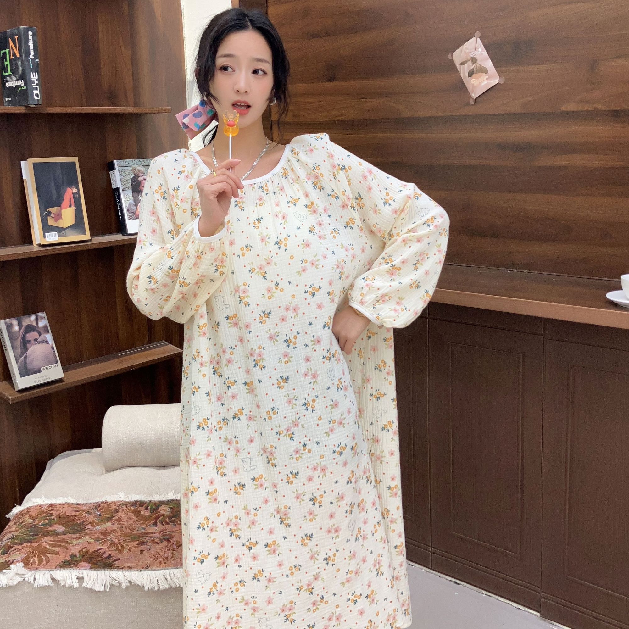 睡裙双层纱布纯棉甜美春秋长袖可外穿家居服套装韩版套装印花