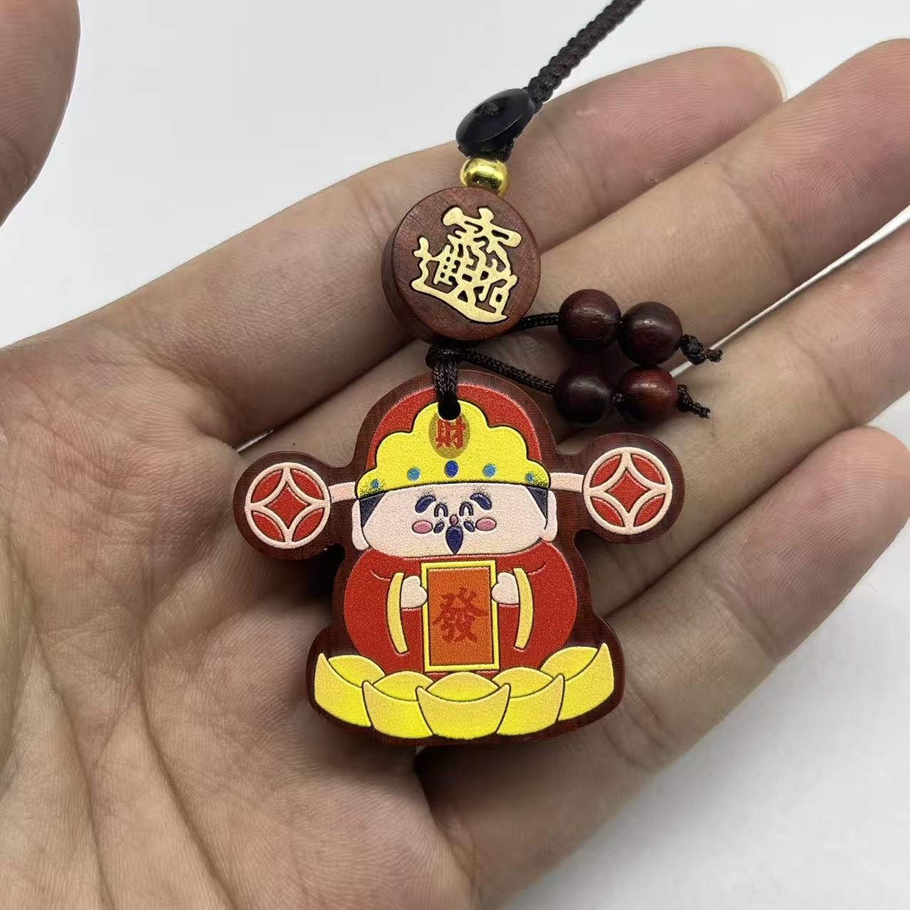 紫檀雕彩绘财神挂件把件无礼盒 012