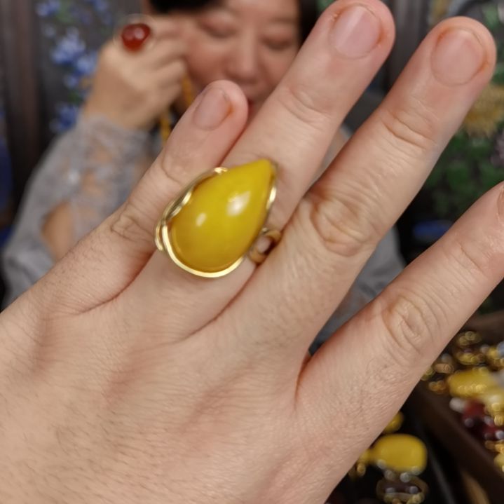 琥珀戒指银S925镀金镶嵌戒指