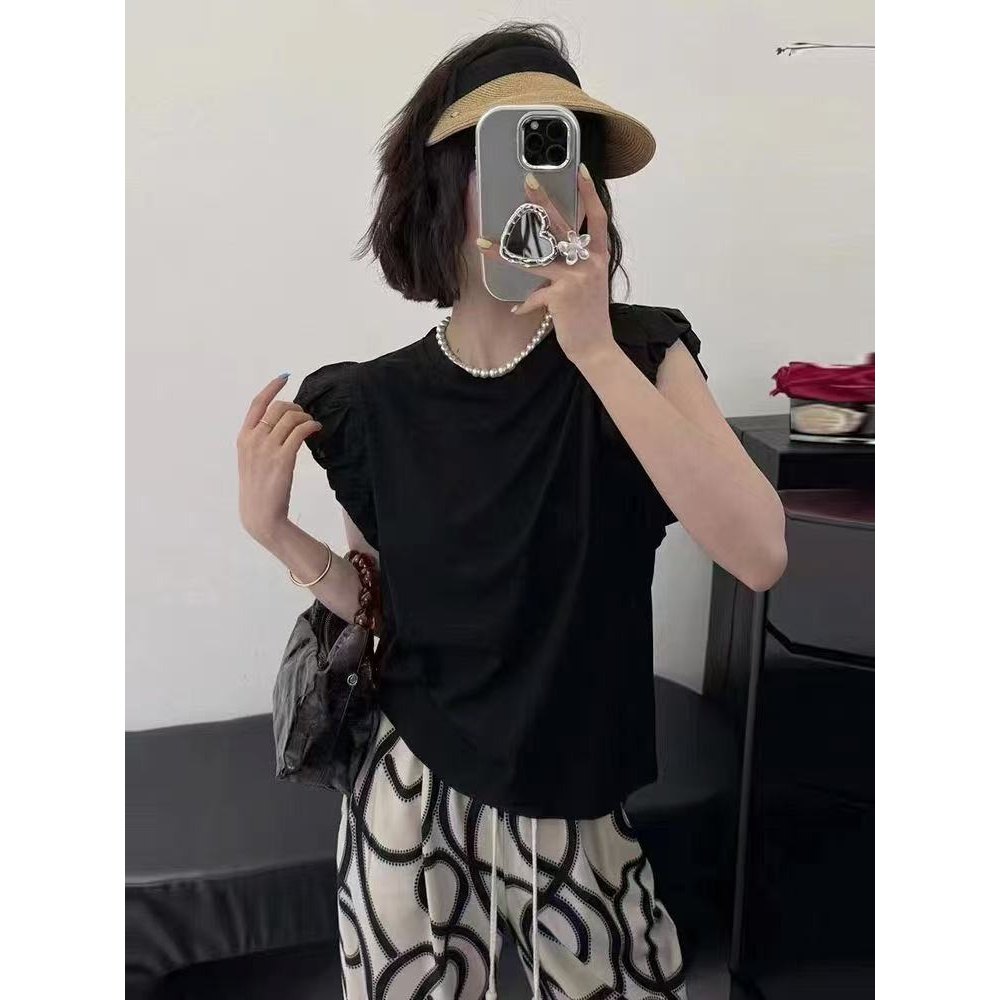 荷叶边不规则露背T恤夏季宽松抗起球无袖抽绳透气