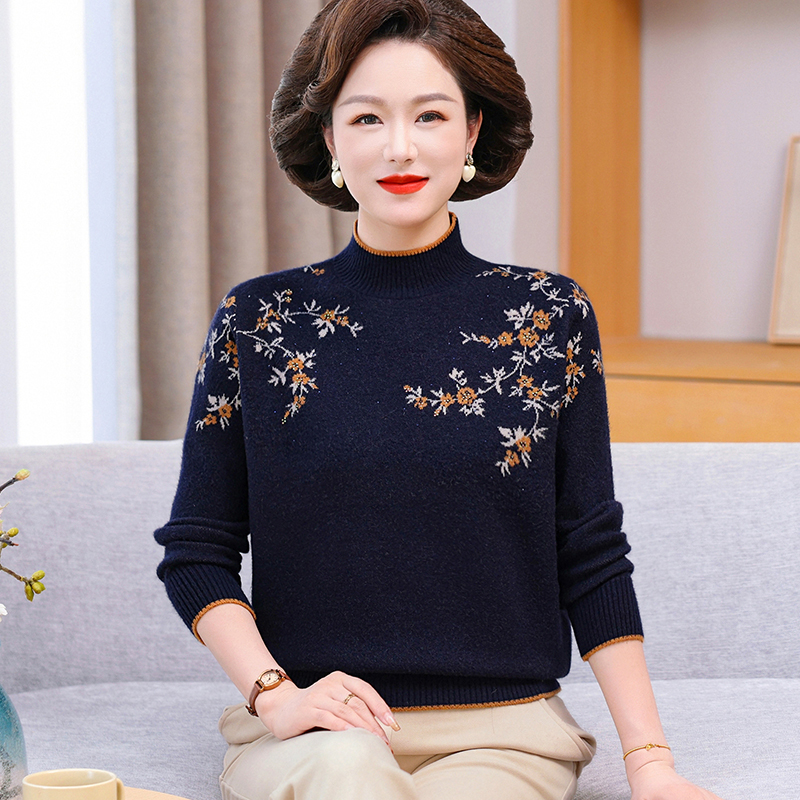 妈妈半高领提花毛衣长袖打底针织衫上衣中老年女气质小衫绣花衣服
