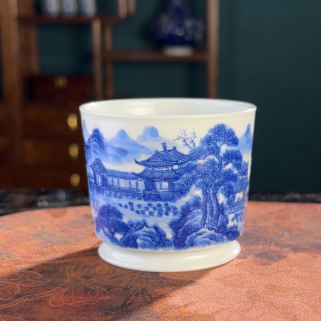 山水青花手工手绘柴窑烧制