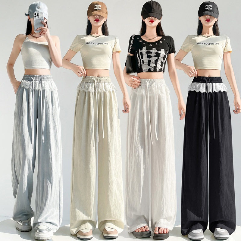 冰丝蕾丝拼接山本阔腿裤女夏季夏天新款褶皱慵懒风休闲垂感直筒裤