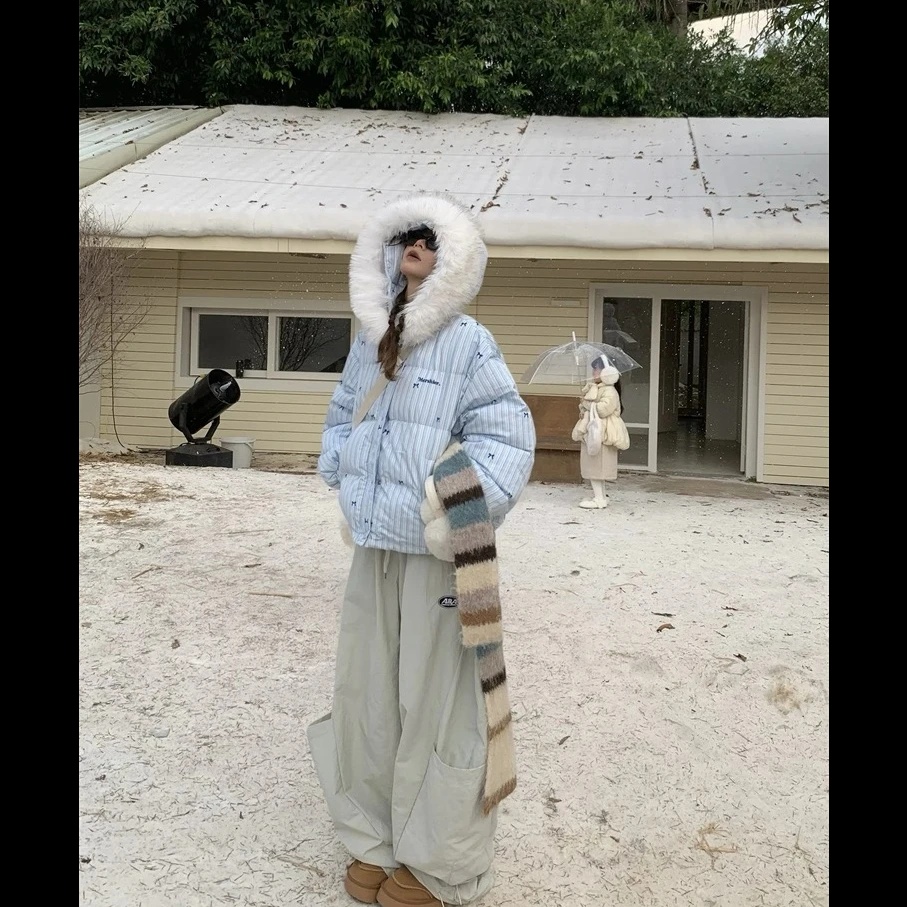 【老板专属6011】 美式设计感条纹蝴蝶结毛领连帽棉服外套保暖棉衣