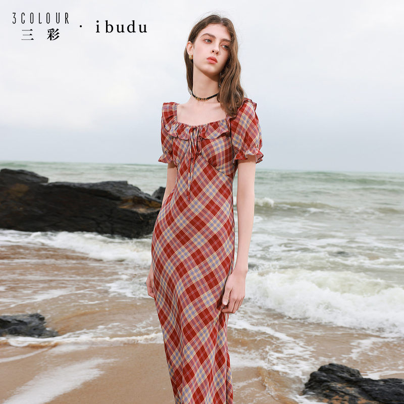 【品牌福利】三彩ibudu2025夏季新款复古格纹雪纺连衣裙方领泡dbx