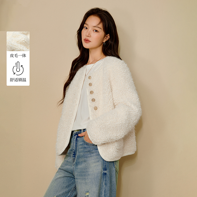茵曼千金风皮毛一体羊羔绒外套2025冬季女装新款毛茸茸气质外套