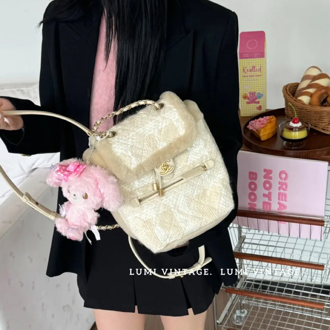 95新 Chanel/香奈儿 编织毛呢羊羔毛双肩包36285343