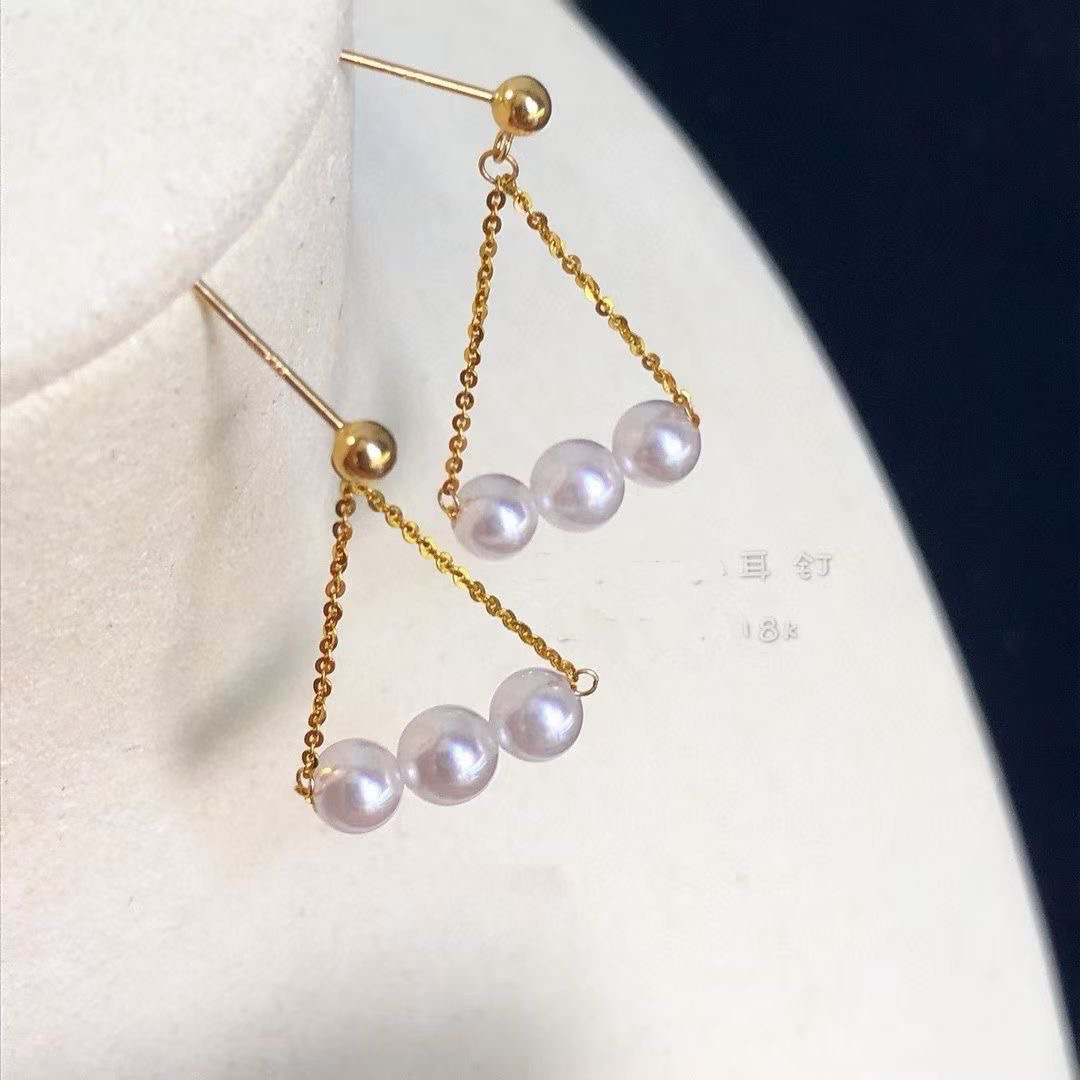18k金淡水珍珠耳坠三角几何耳耳坠4～5mm珍珠多样性发一对