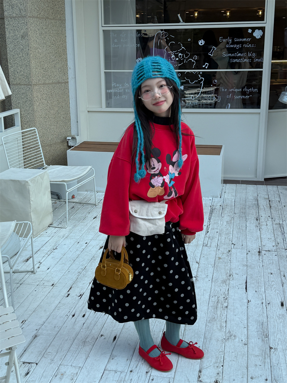 女童卫衣2025冬款韩版卡通米奇卫衣加绒加厚儿童保暖波点半裙套装