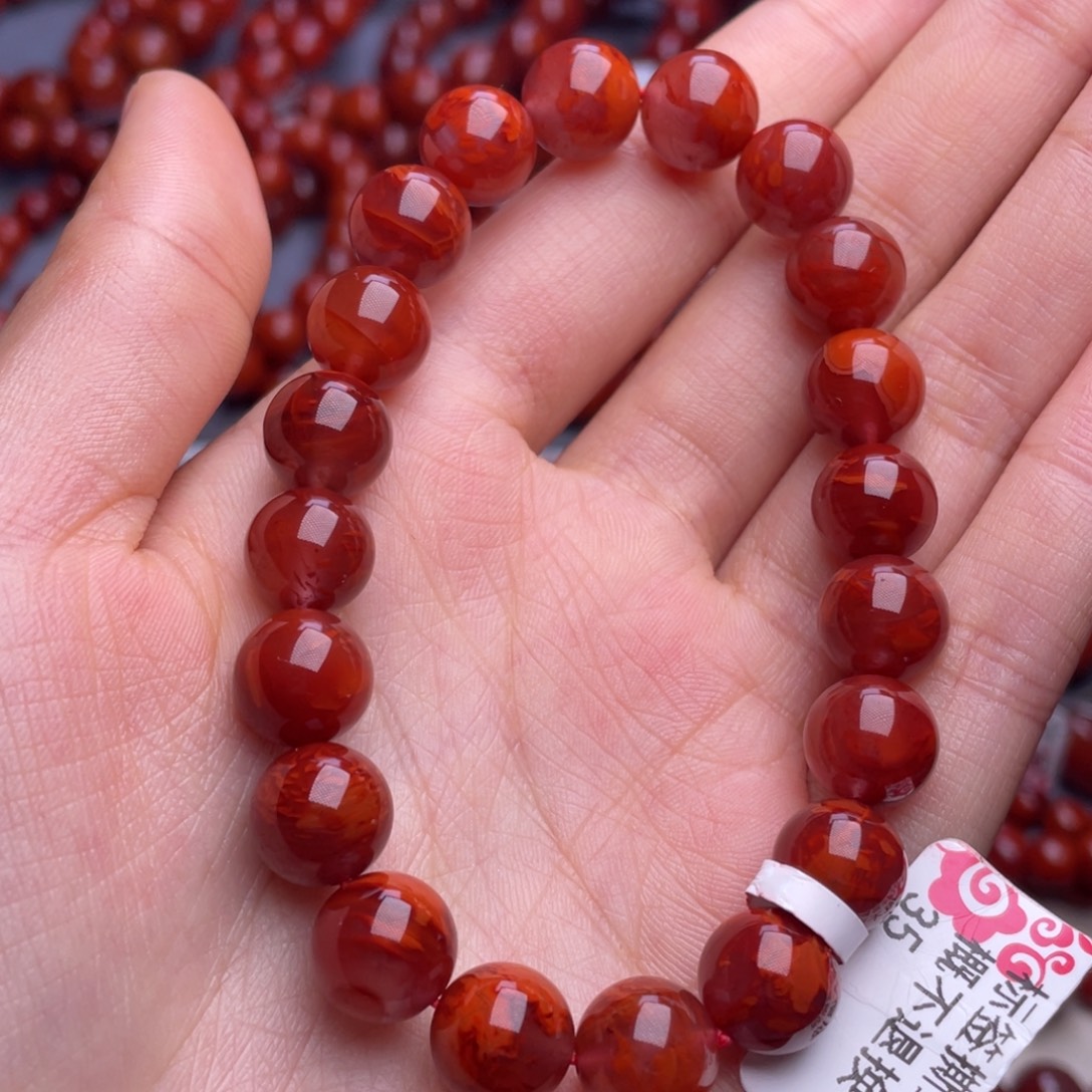南红玛瑙未镶嵌其他10mm精品瓦西玫红火焰纹圆珠手串