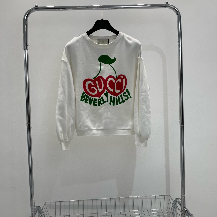 99新 GUCCI/古驰 樱桃白色logo针织套头卫衣百搭款 YY00052尺码xs