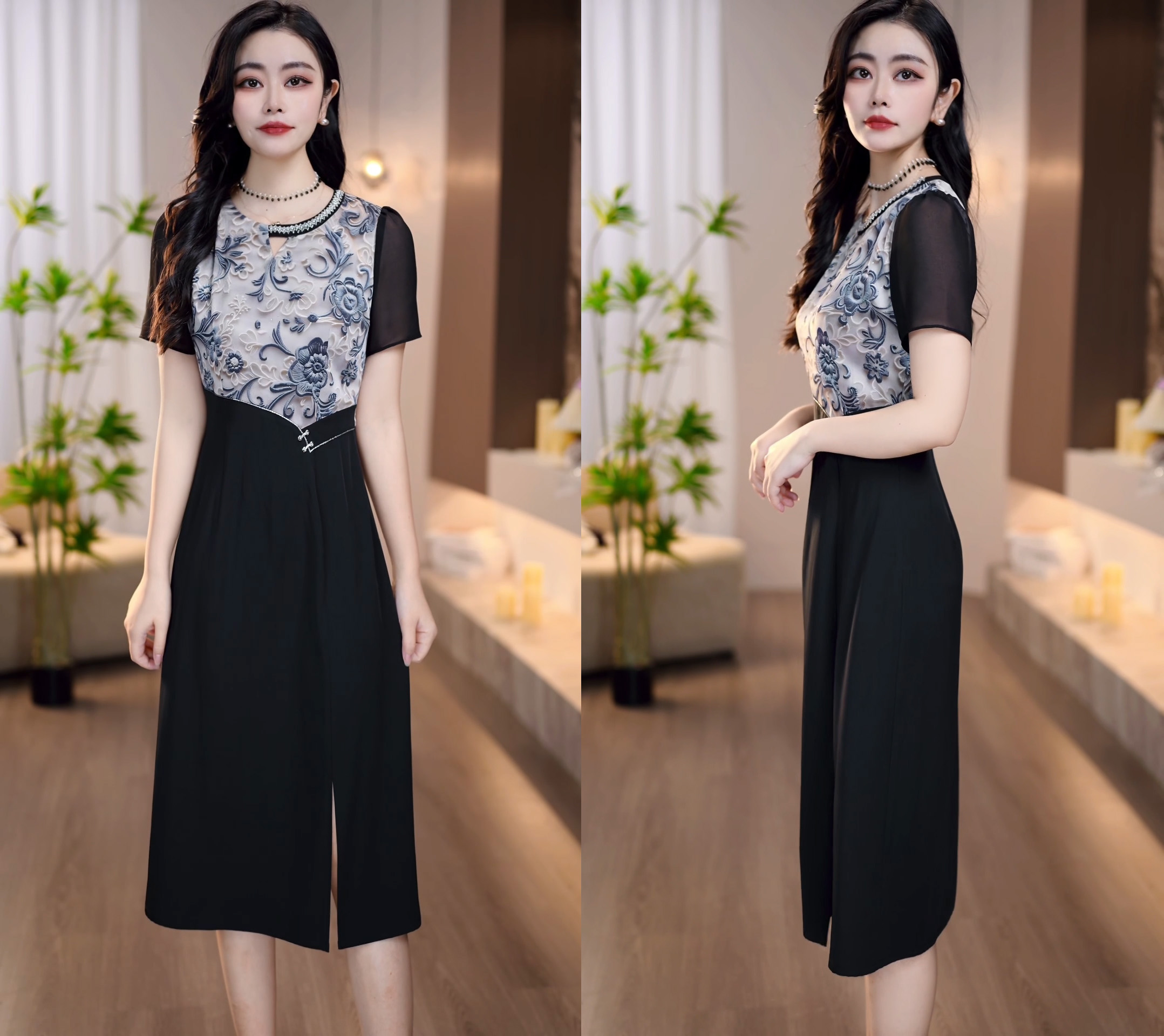 2025夏季新款福纹花卉绣花精致浪漫假两件设计连衣裙M-4XL