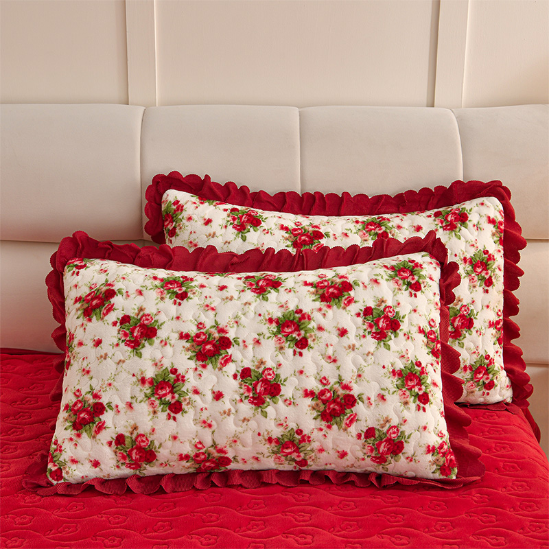 2025新款夹棉加厚牛奶绒花边枕套法莱绒保暖枕套韩式刺绣枕套一对
