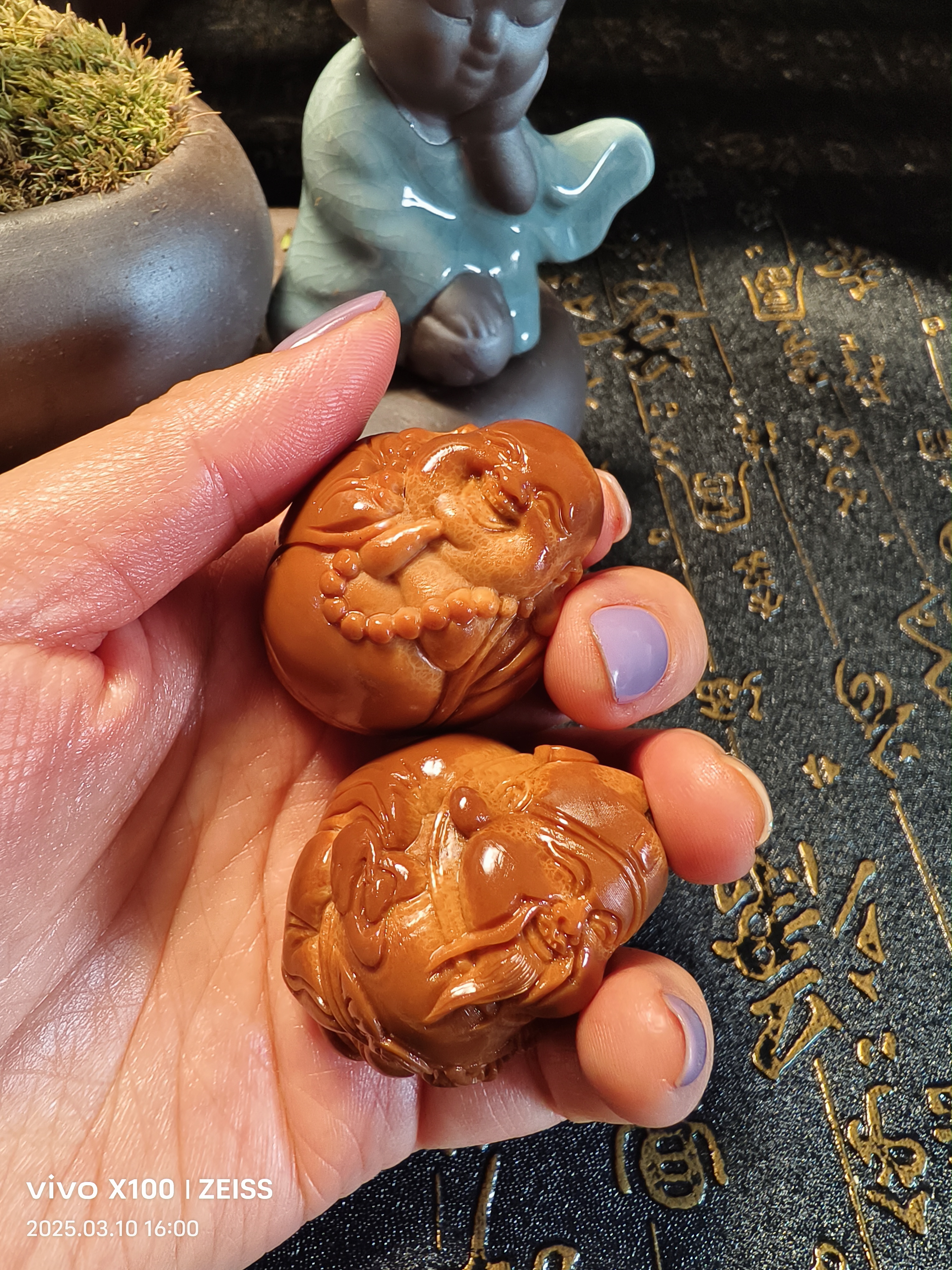 巴西橄榄核核雕 财迷手球一对  