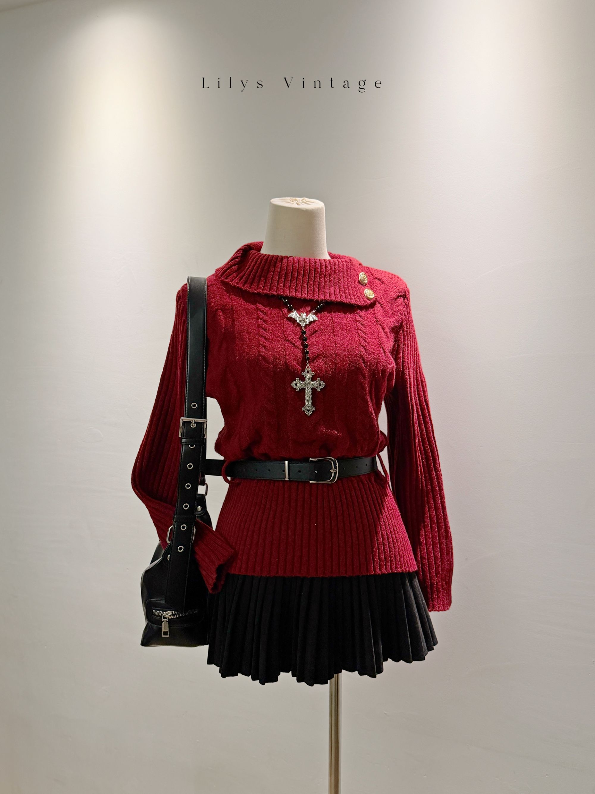 莉莉丝 古着vintage翻领毛衣 显瘦百搭时尚短款女士半裙