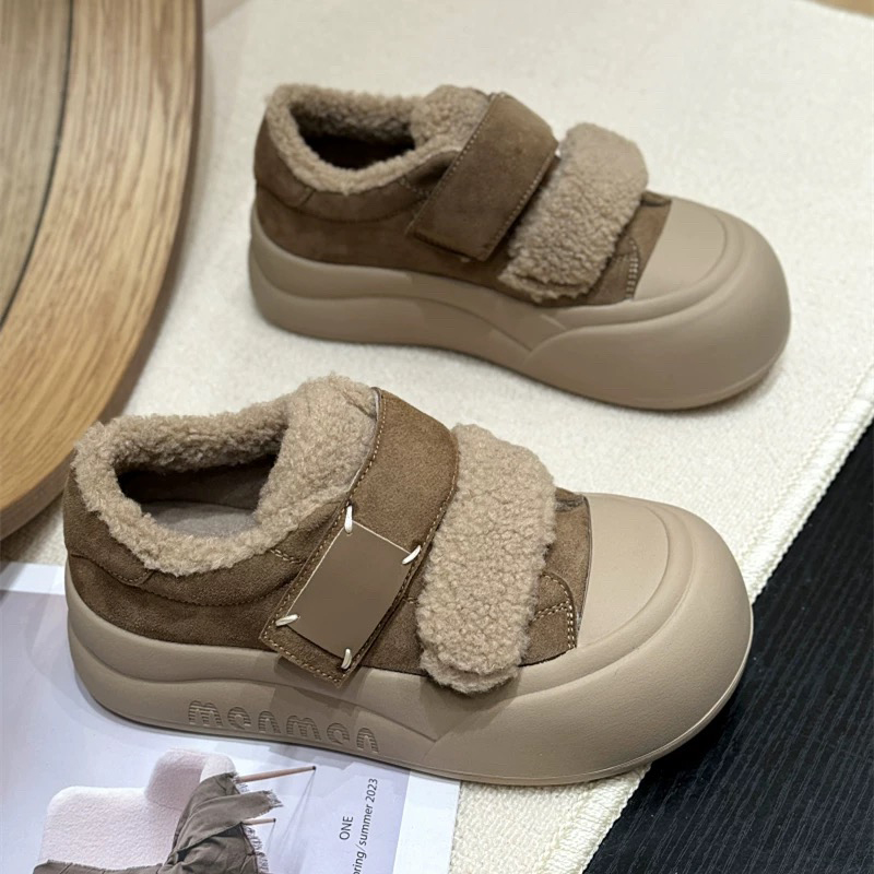 真皮保暖加绒厚底魔术贴鞋新款冬时髦丑萌洋气毛毛休闲鞋 1186-1