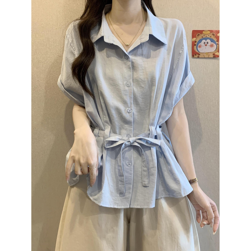 微胖mm漂亮蓝色短袖衬衫女装2025夏季新款爆款收腰遮肚巨好看上衣