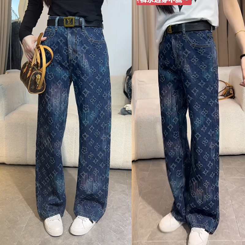 字母提花软薄仔裤女夏薄款2025新款轻奢扎染复古蓝高腰直筒阔腿裤