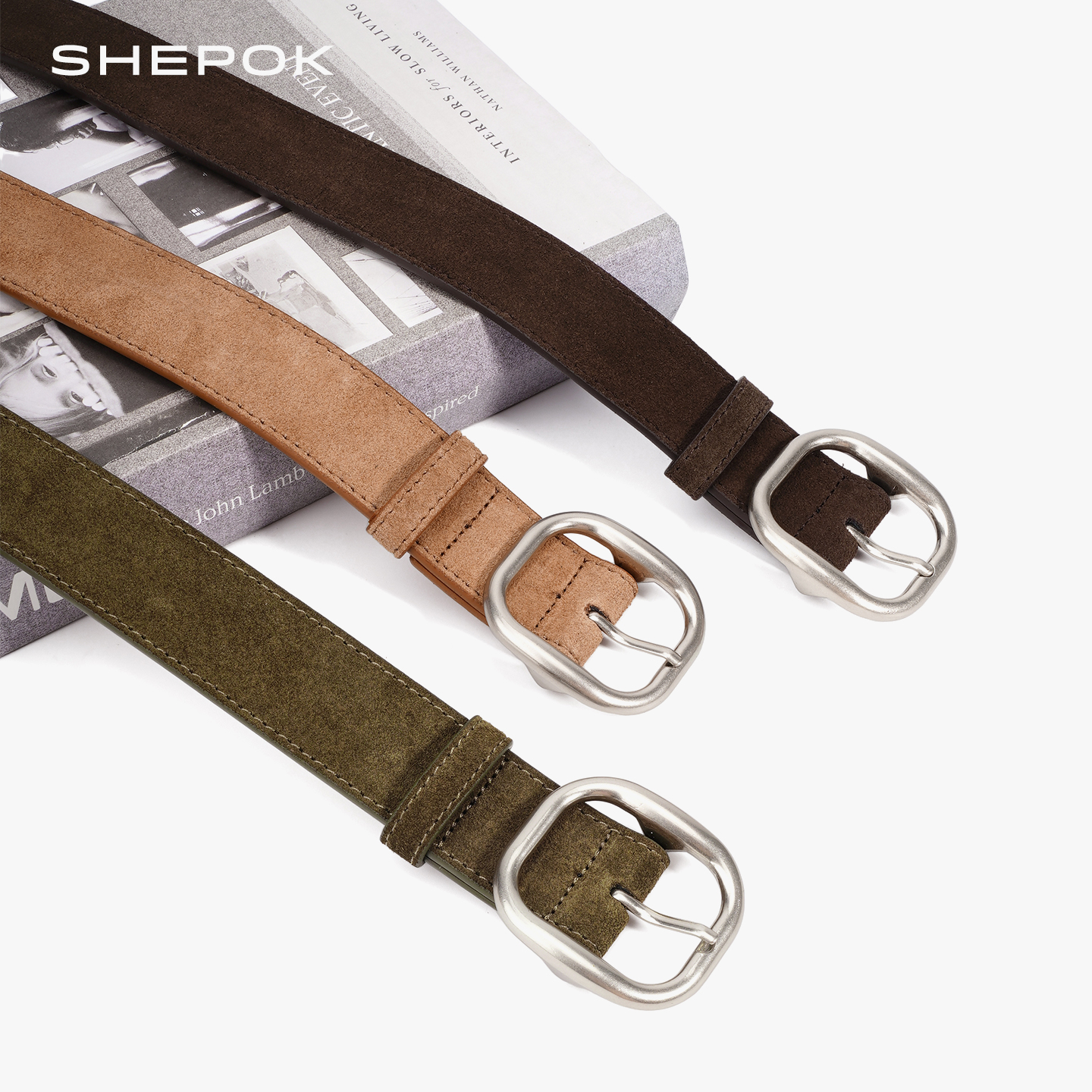 SHEPOK复古麂皮百搭简约风银色方形扣时尚轻奢皮带女腰带