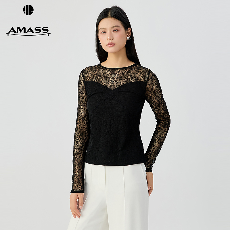 阿玛施AMASS 时尚百搭性感气质女人透视蕾丝假两件长袖衬衫530002