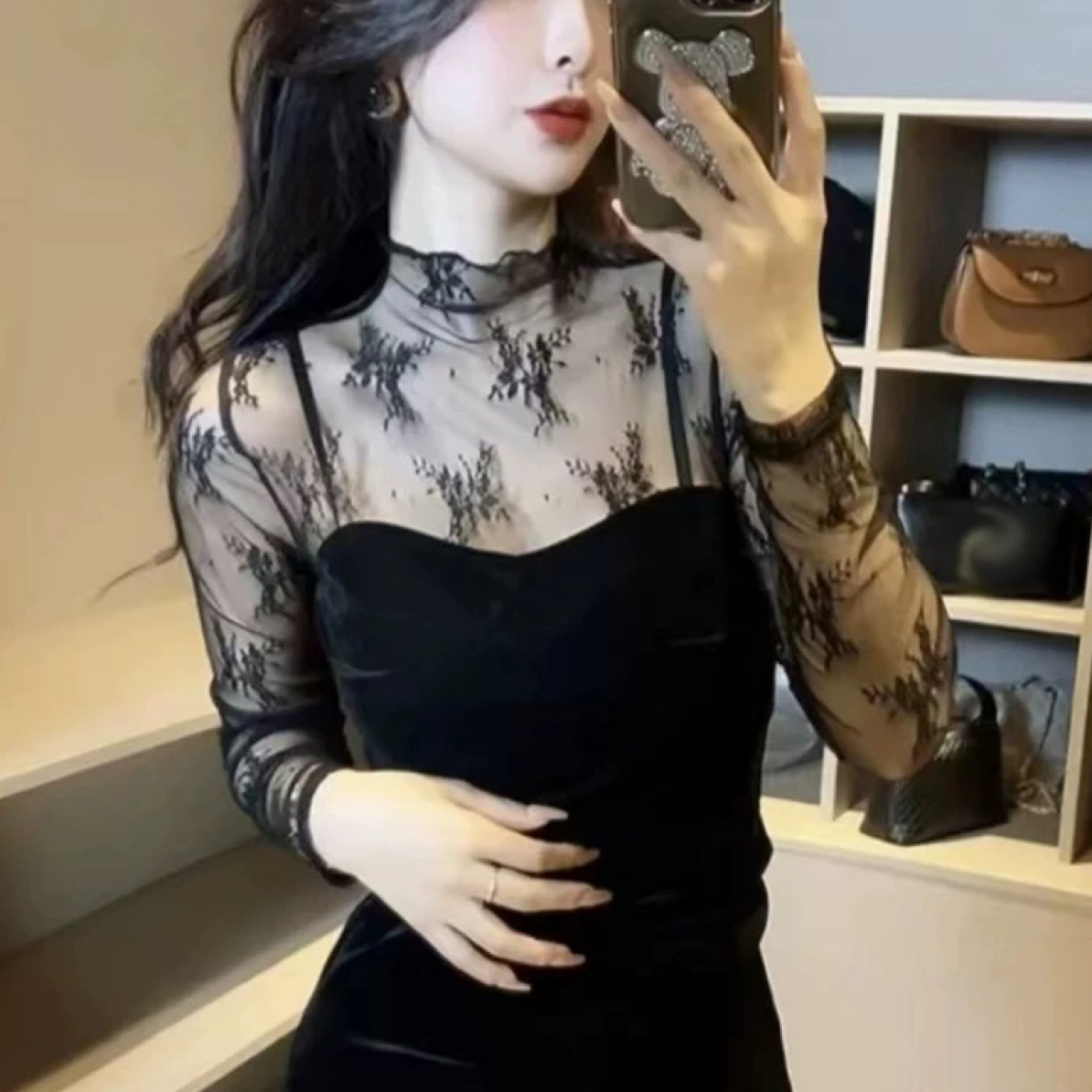 半高领长袖网纱拼接丝绒上衣女新款内搭显瘦修身蕾丝洋气打底衫