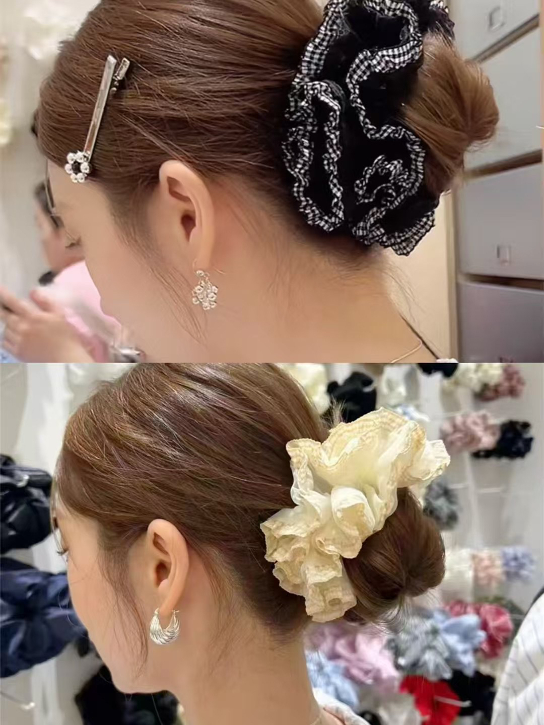 欧尼同款欧根纱立体超仙格子花边双层小蛮腰发圈