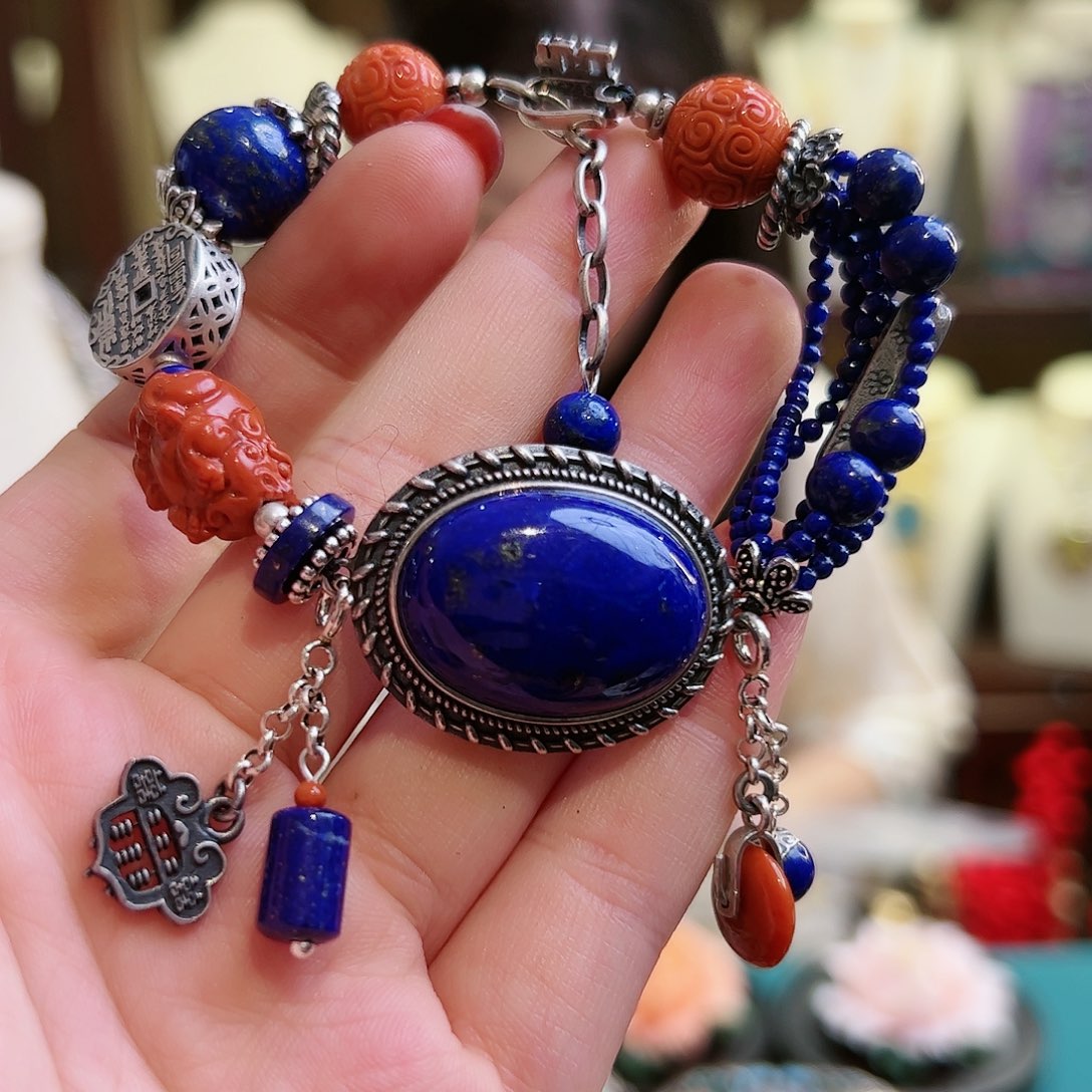 青金石手链银S925镶嵌手链