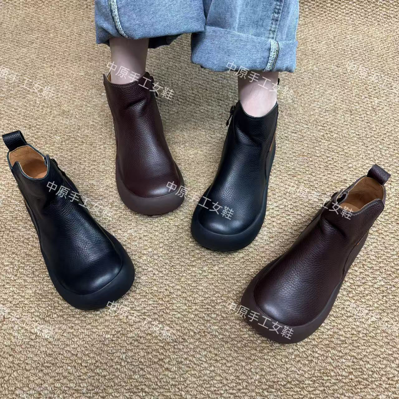 7716-26秋季新款低跟平跟复古平底圆头短靴复古鞋子休闲风单靴