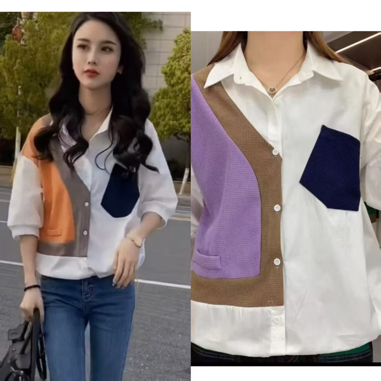 8233-华夫格拼接短袖衬衫（颜色任意）