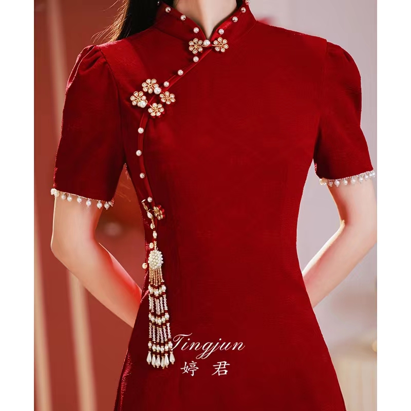 新中式敬酒服新娘订婚回门新娘高级感礼服婚服气质复古陪考红礼服