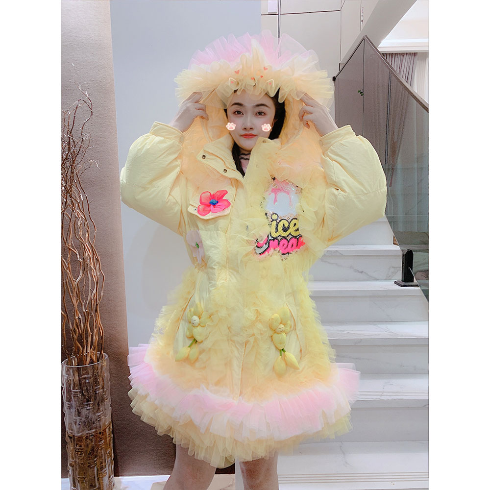 潮牌设计师款连帽蕾丝花边加厚保暖雨绒服棉外套洋气显瘦女