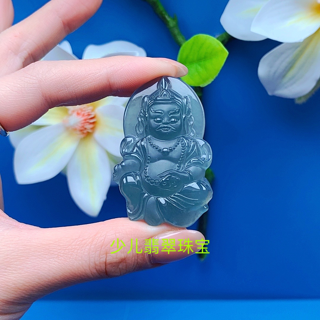 宝宝关公翡翠吊坠天然A货正品蓝水冰种精雕关二爷玉佩挂件