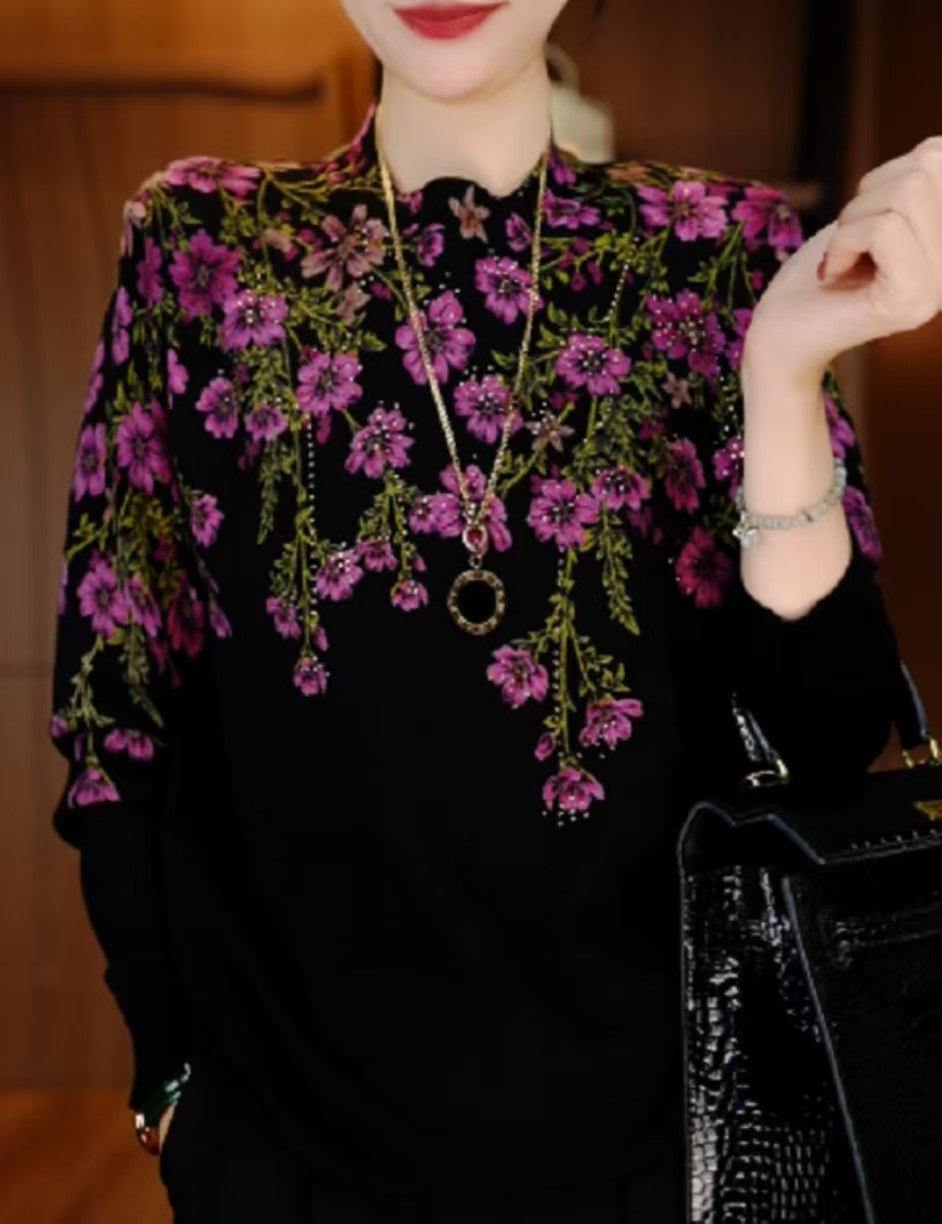 烫钻606百搭半高领套头上衣保暖印花时尚圆领减龄打底杉秋冬