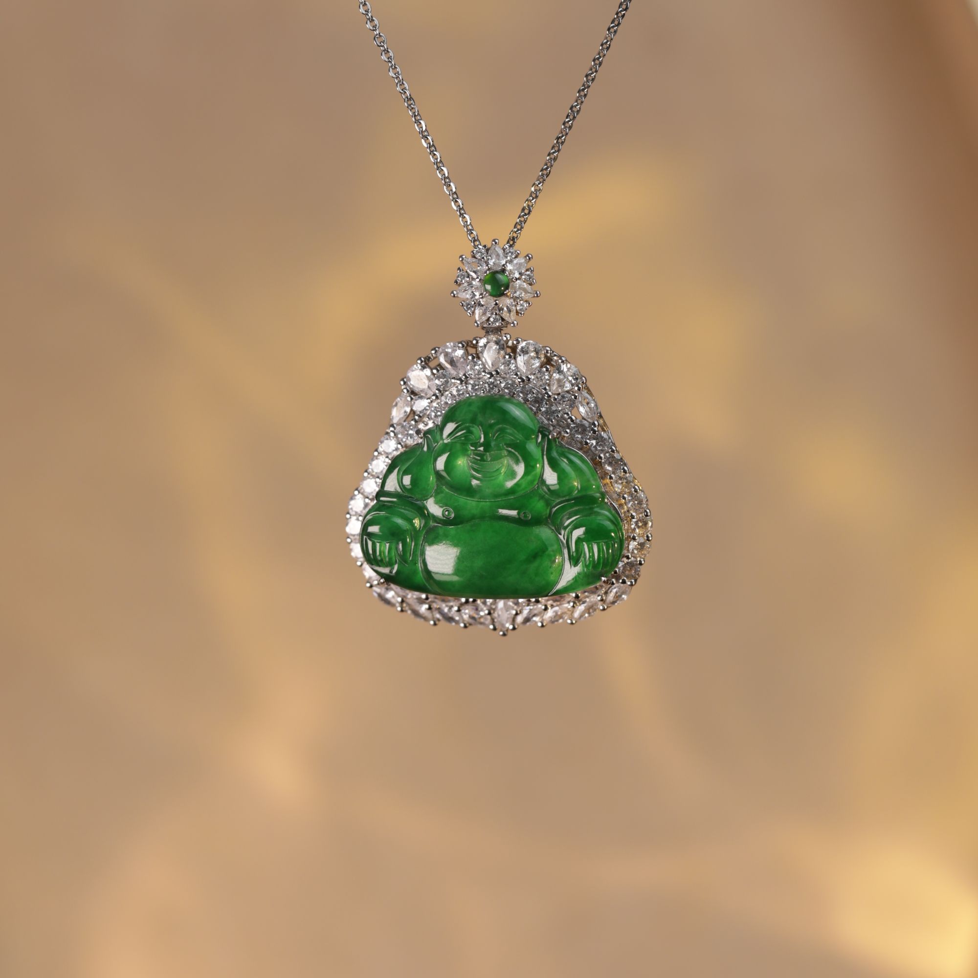 天然A货翡翠高冰阳绿色颈饰S925银镶嵌佛公吊坠孤品