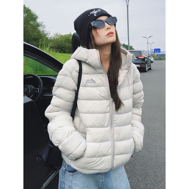 浅灰色夹棉排骨棉服男款美式连帽加厚高级感短款防风防寒情侣外套