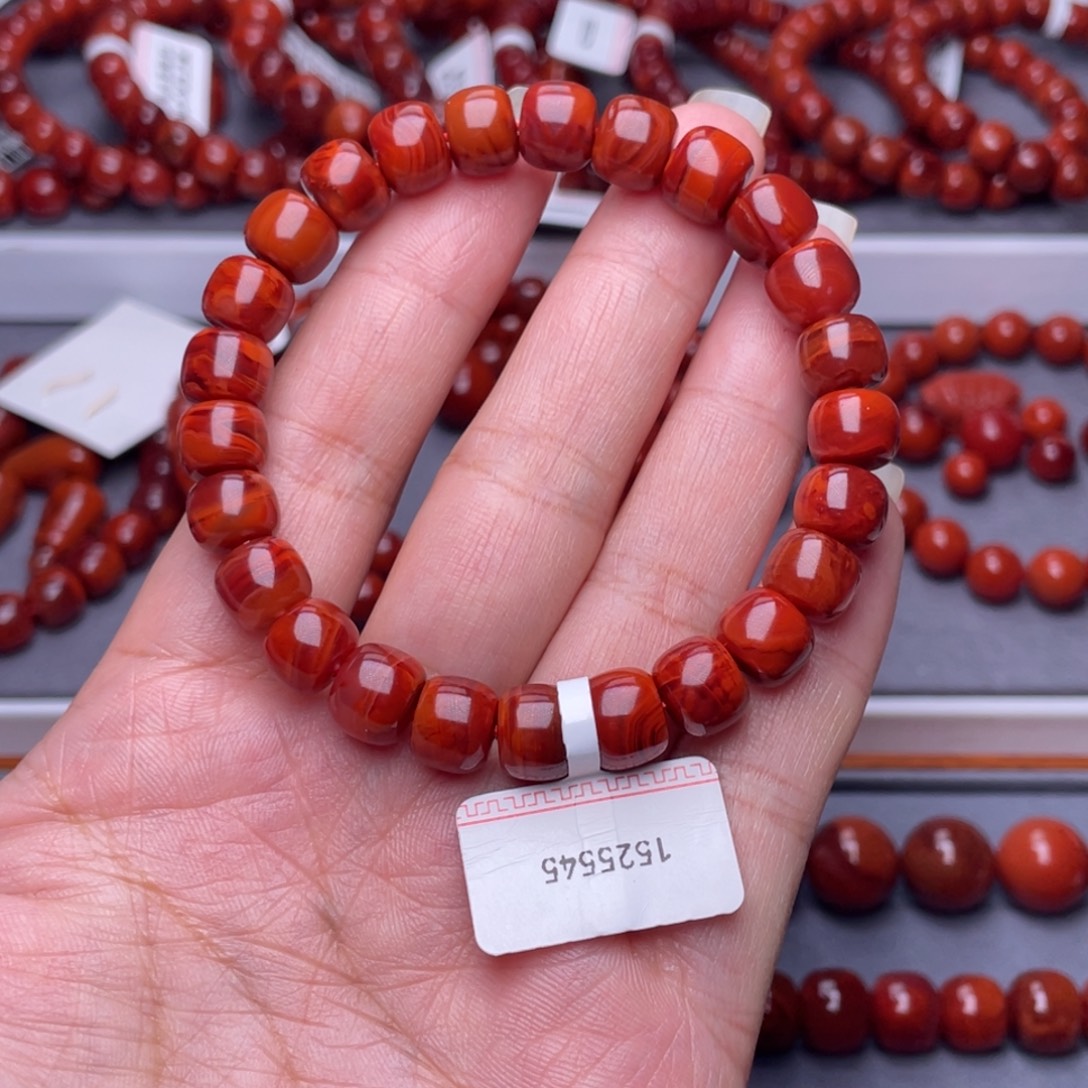 ～***～南红玛瑙未镶嵌配珠9.6mm瓦西玫瑰牛血火焰老型手串