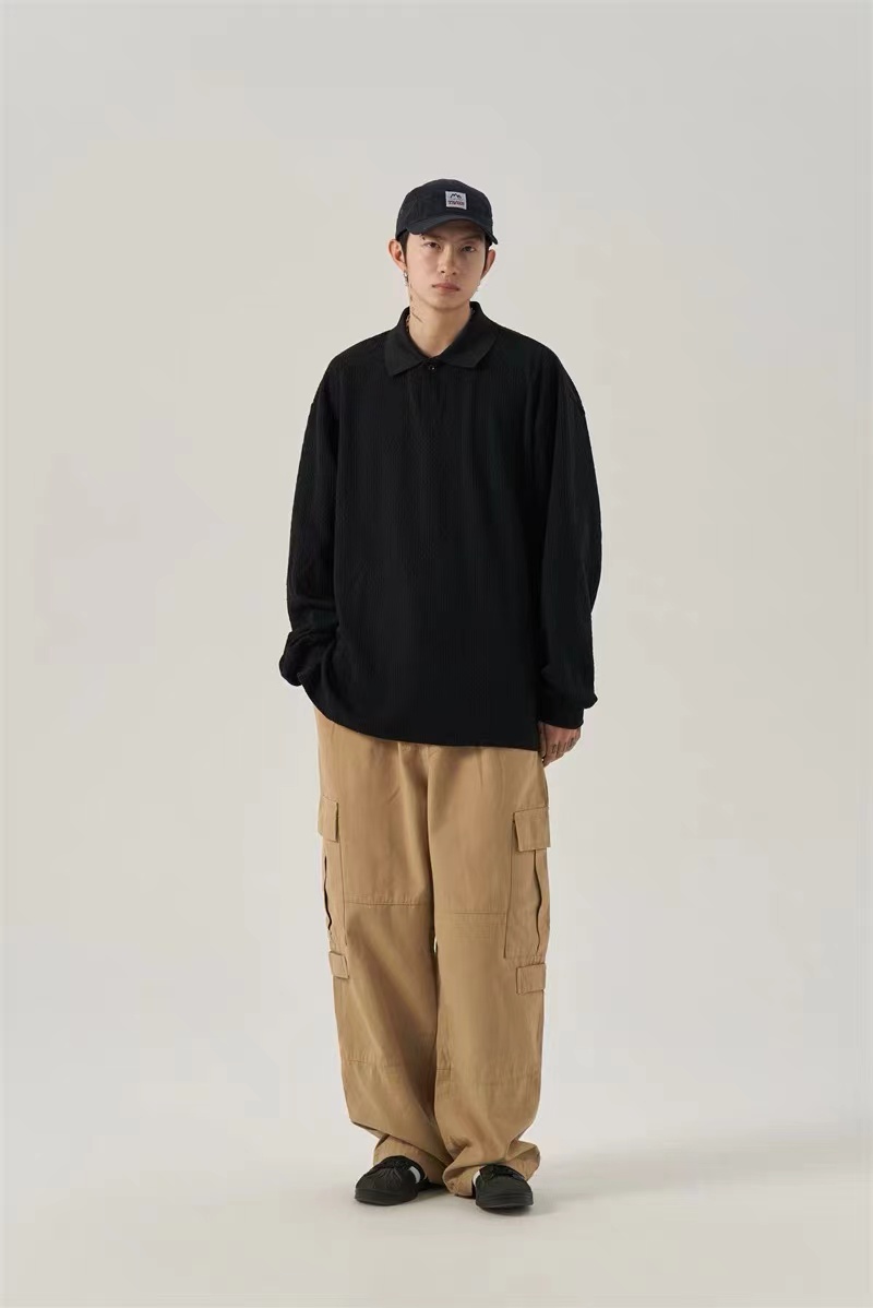 肌理感POLO衫卫衣男春秋款翻领宽松长袖套头上衣WY903