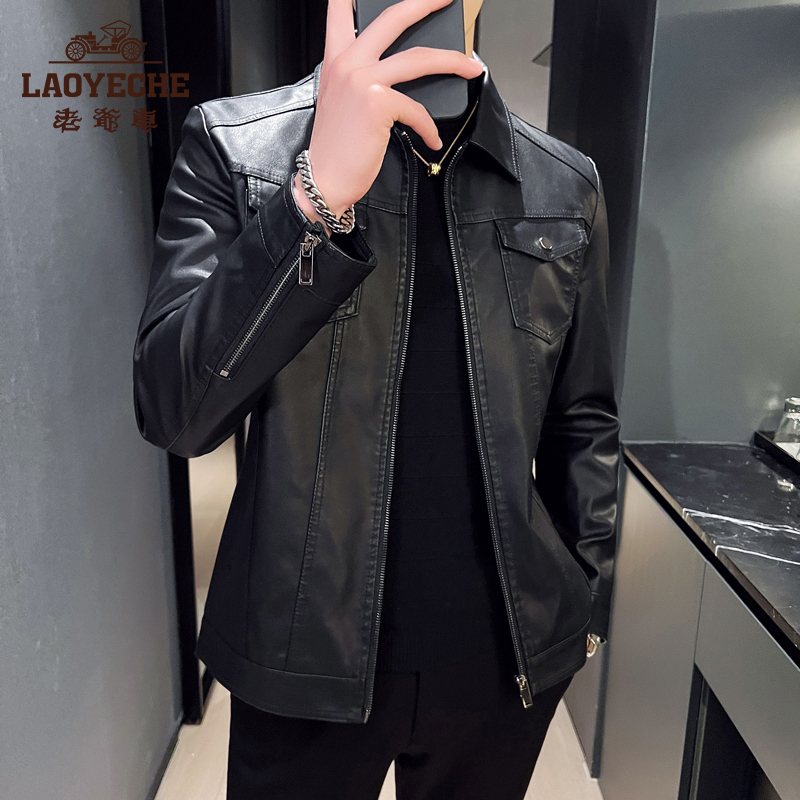 老爷车秋冬皮衣男士翻领机车服休闲修身百搭皮夹克潮流外外套皮衣