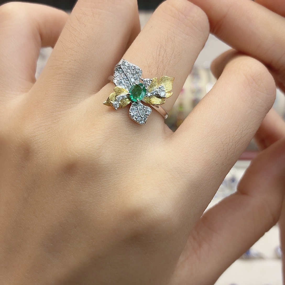 祖母绿银S925镶嵌戒指